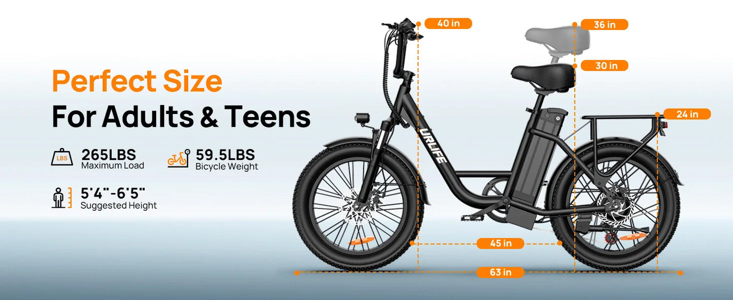 Electric bike with size chart for adults and teens on a light blue background