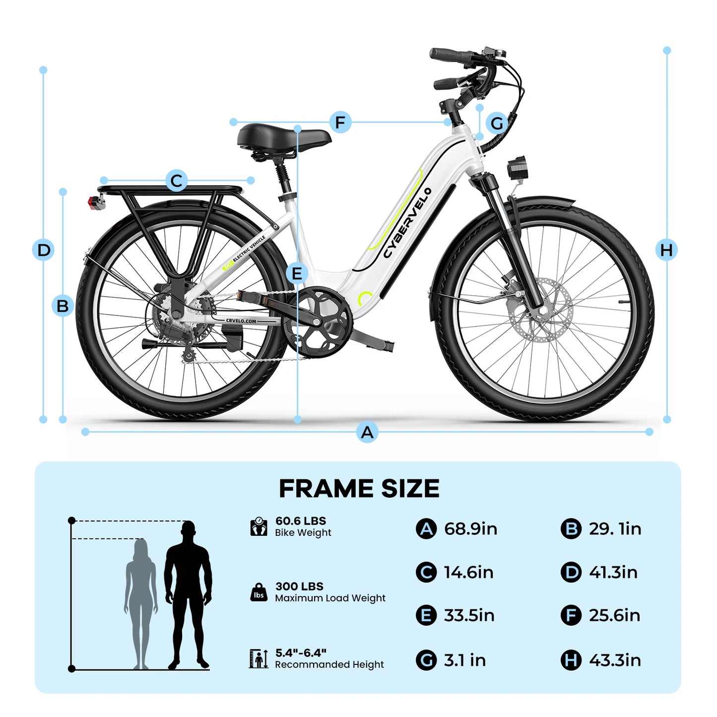 Electric bike with dimensions labeled on a white background