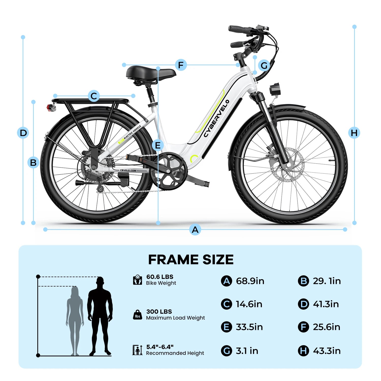 Electric bike with dimensions labeled on a white background