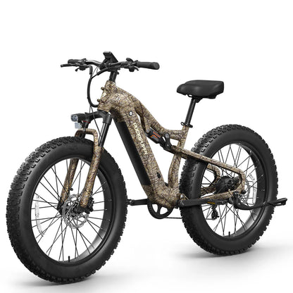 Camouflage-patterned electric bike on a white background