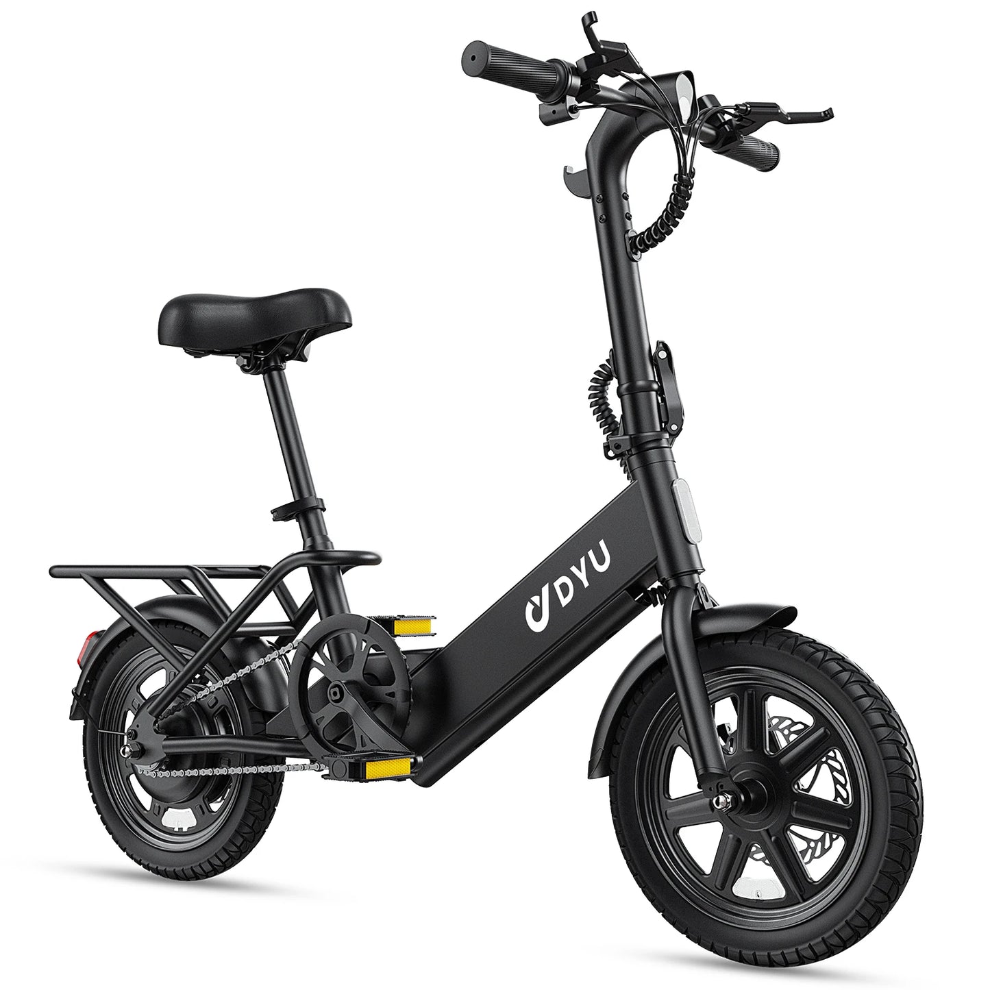 Black electric bike with DYU logo on a white background
