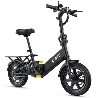 Black electric bike with DYU logo on a white background