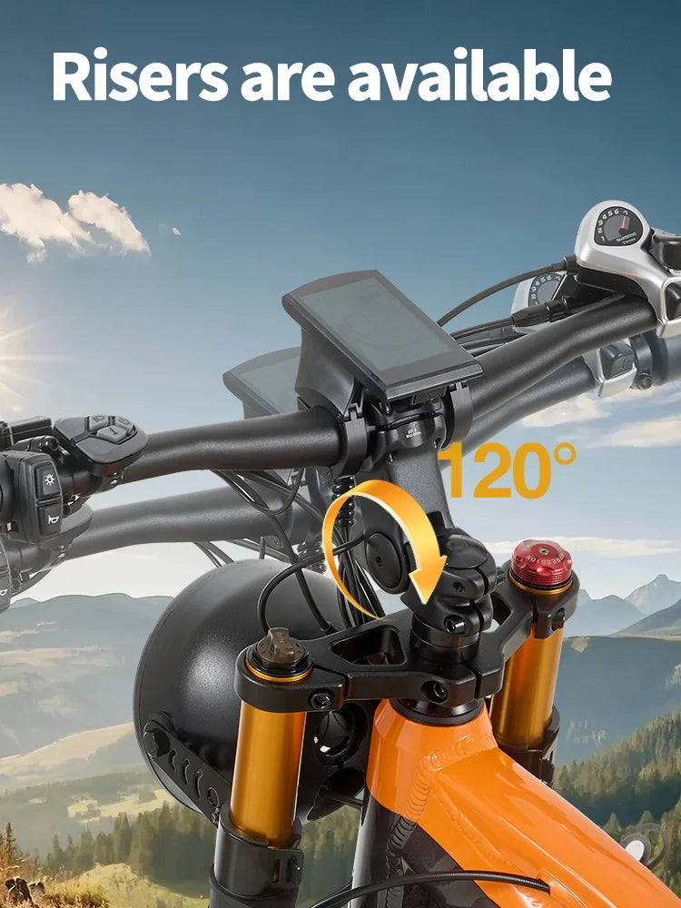 Close-up of a bicycle with handlebar risers and a scenic background