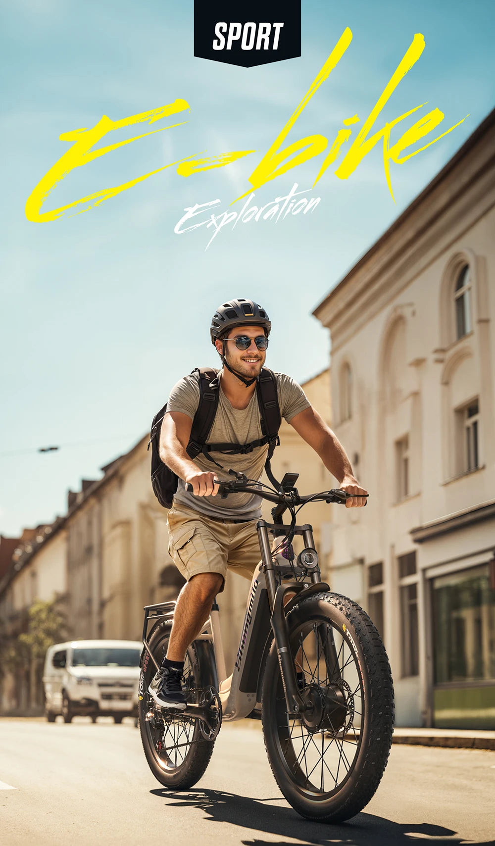 Man riding an electric bike on a city street with 'E-bike Exploration' text.