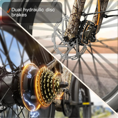 Close-up of a bicycle's dual hydraulic disc brakes with a blurred outdoor background.