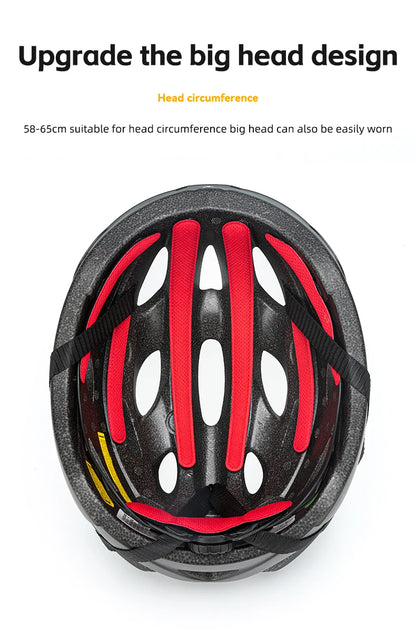 Black and red helmet with text on a white background