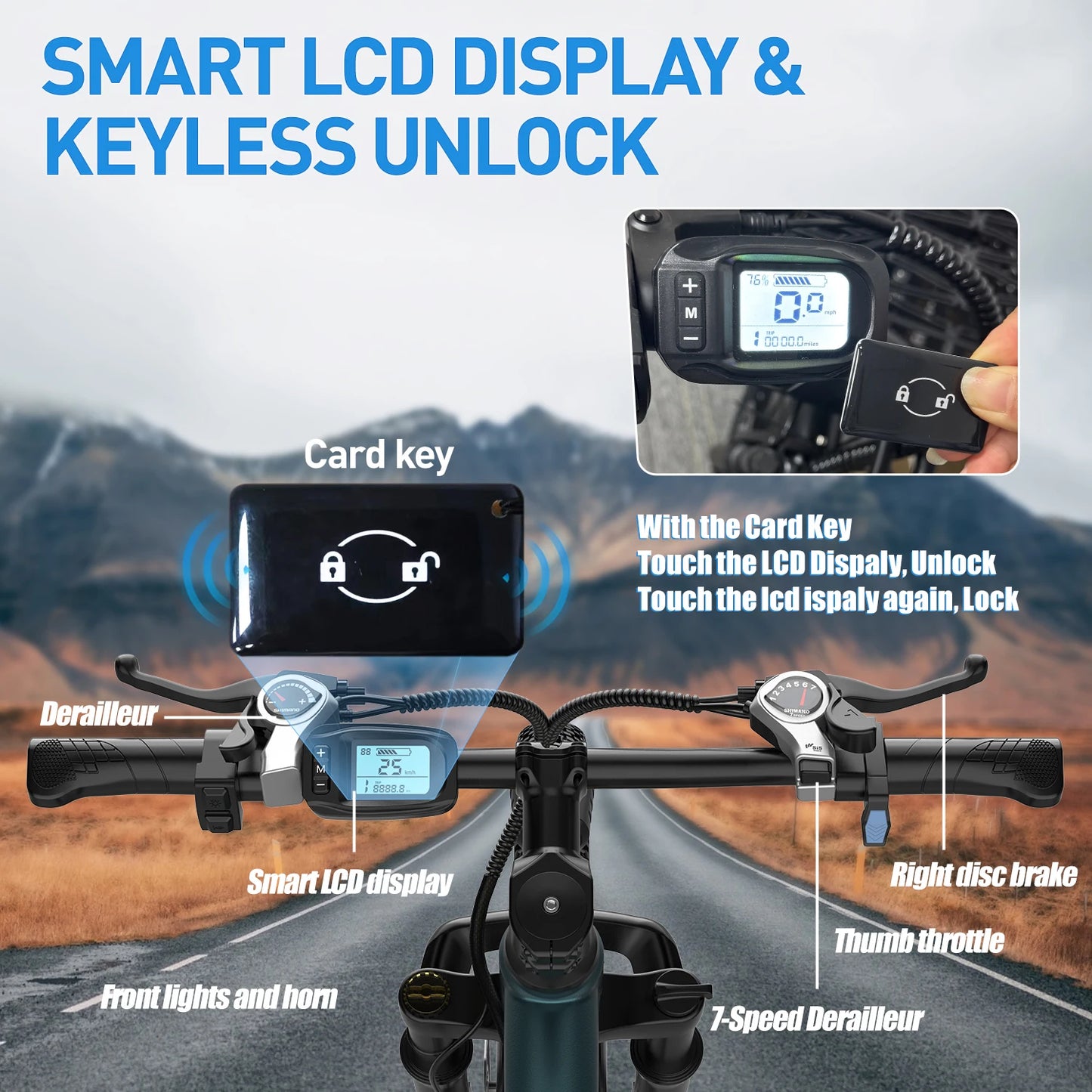 Smart bike handlebar with digital display and keyless unlock system, mountain road background