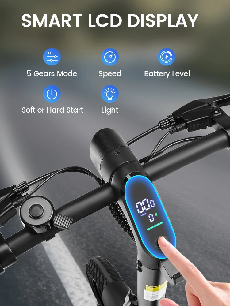 Smart LCD display on a bicycle handlebar with various functions shown.
