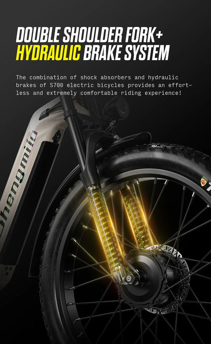 Electric bike with double shoulder fork and hydraulic brake system on a black background