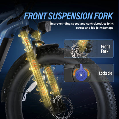 Bicycle front suspension fork with text highlighting its benefits on a dark background
