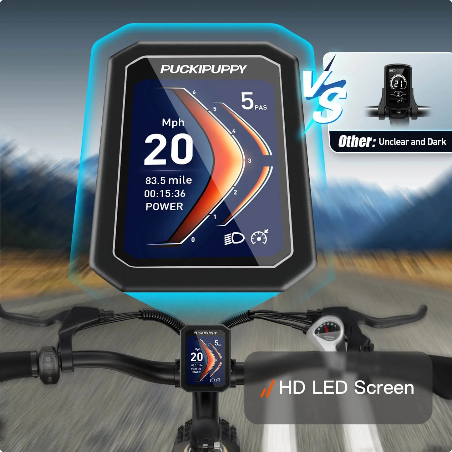 Bicycle handlebar with Puckipuppy digital display showing speed and distance, against a blurred road background.