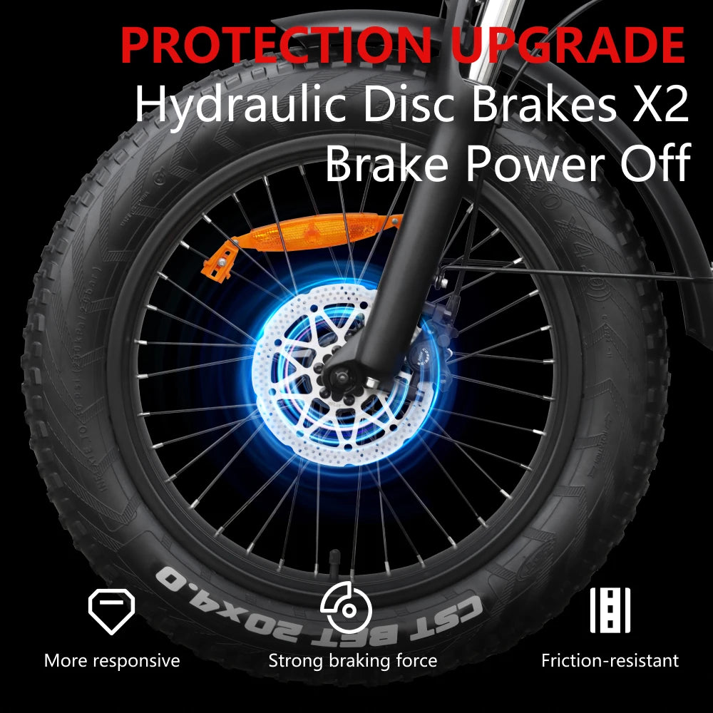 Motorcycle wheel with hydraulic disc brakes and text highlighting features on a black background