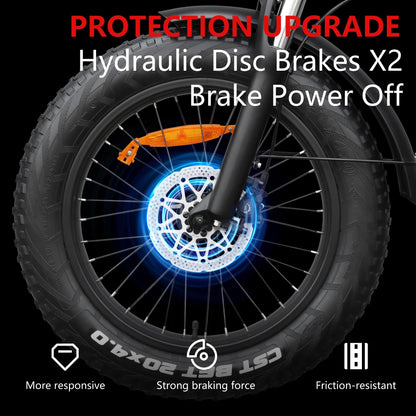 Motorcycle wheel with hydraulic disc brakes and text highlighting features on a black background