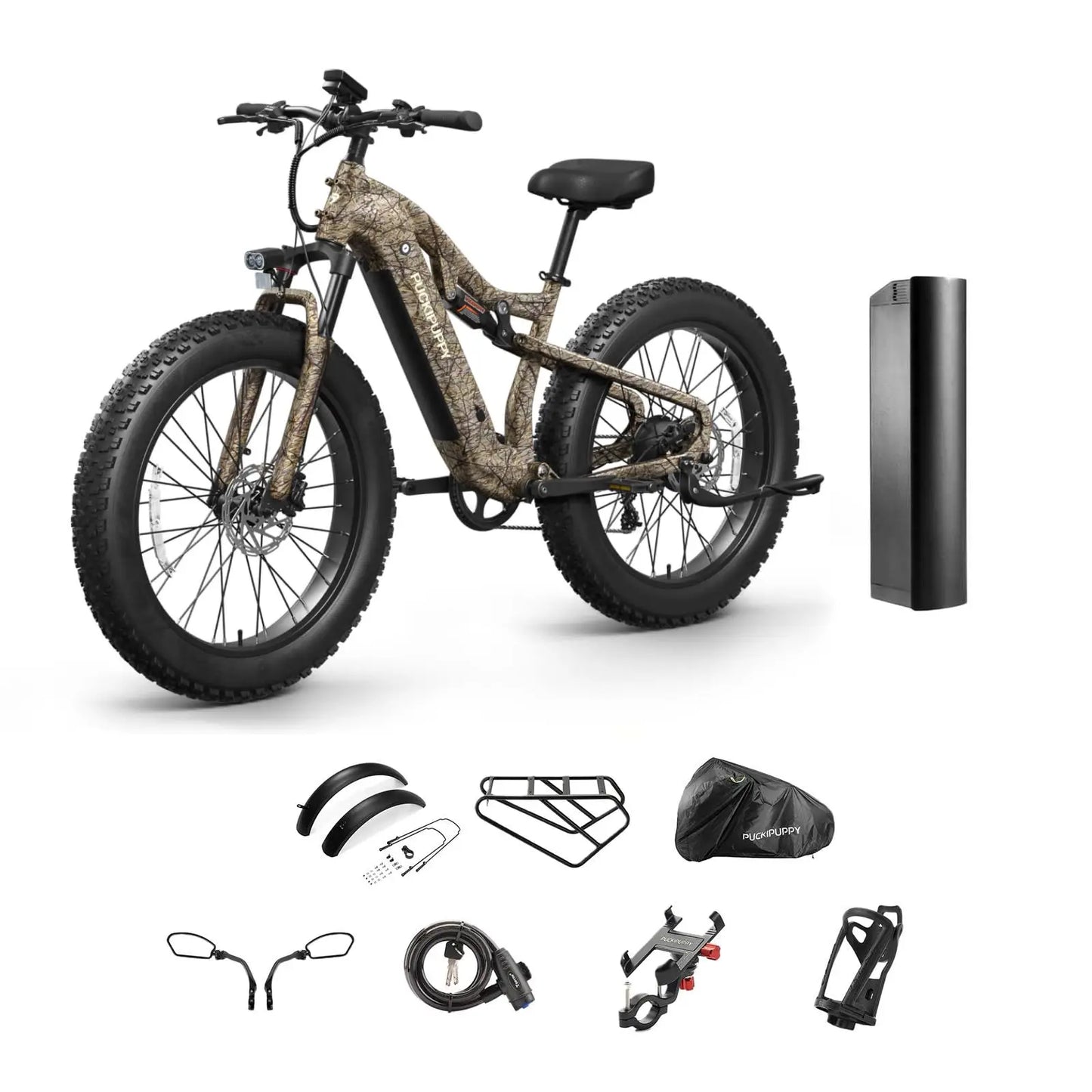 Electric bike with accessories on a white background