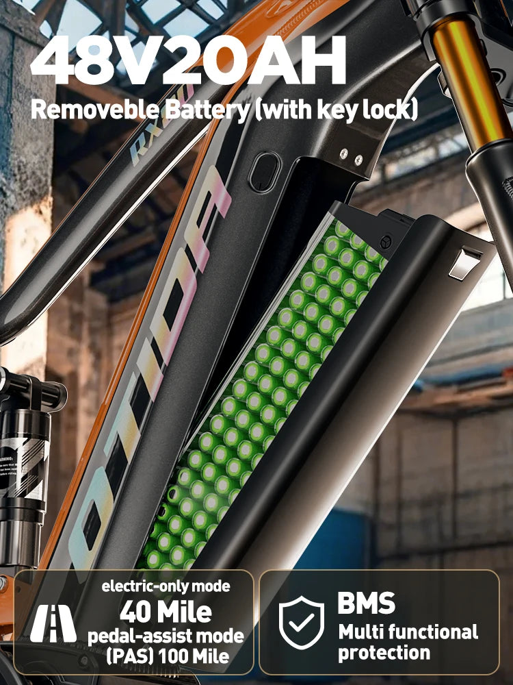 Electric bike battery pack with key lock feature, specifications, and branding.