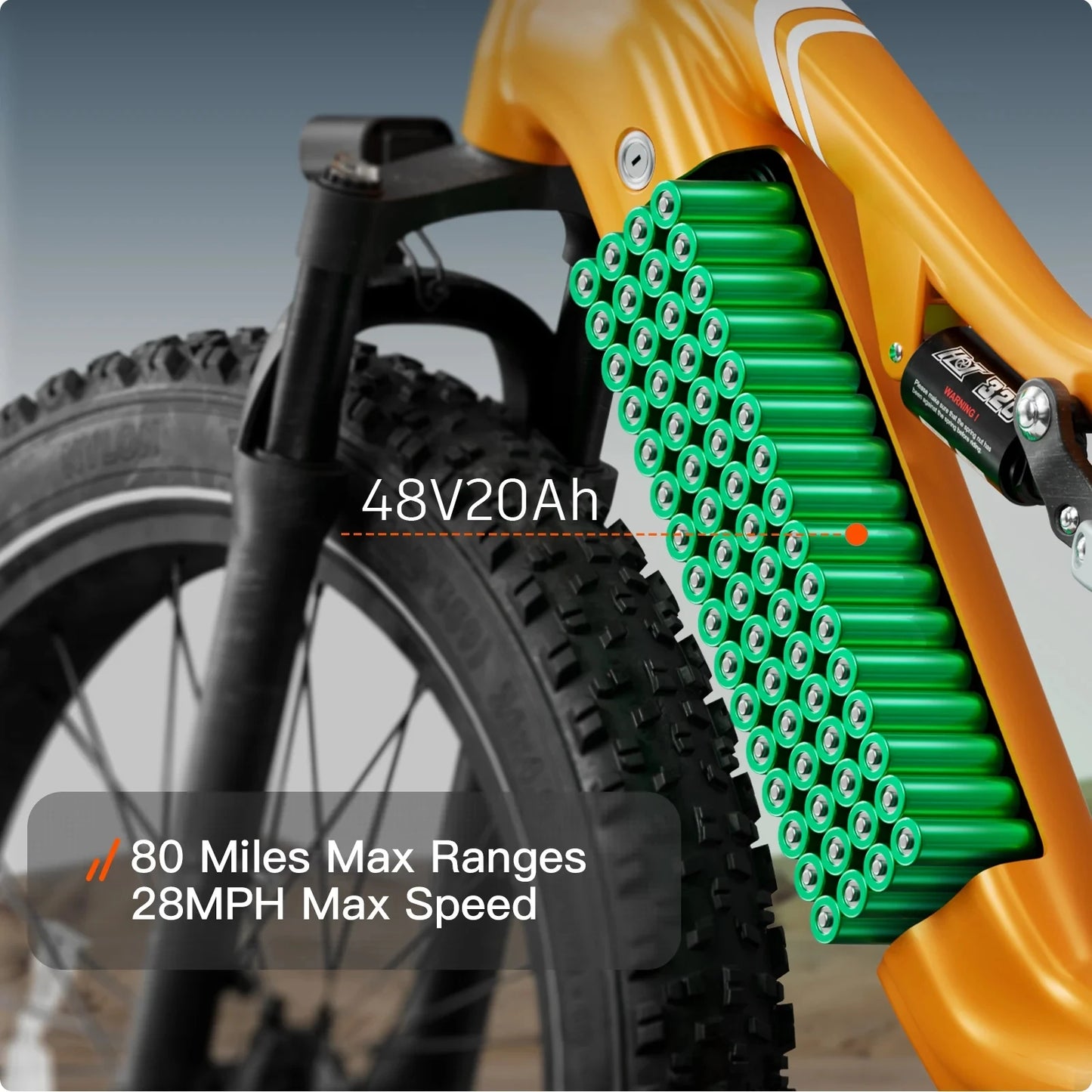 Close-up of an electric bike with battery pack and specifications displayed