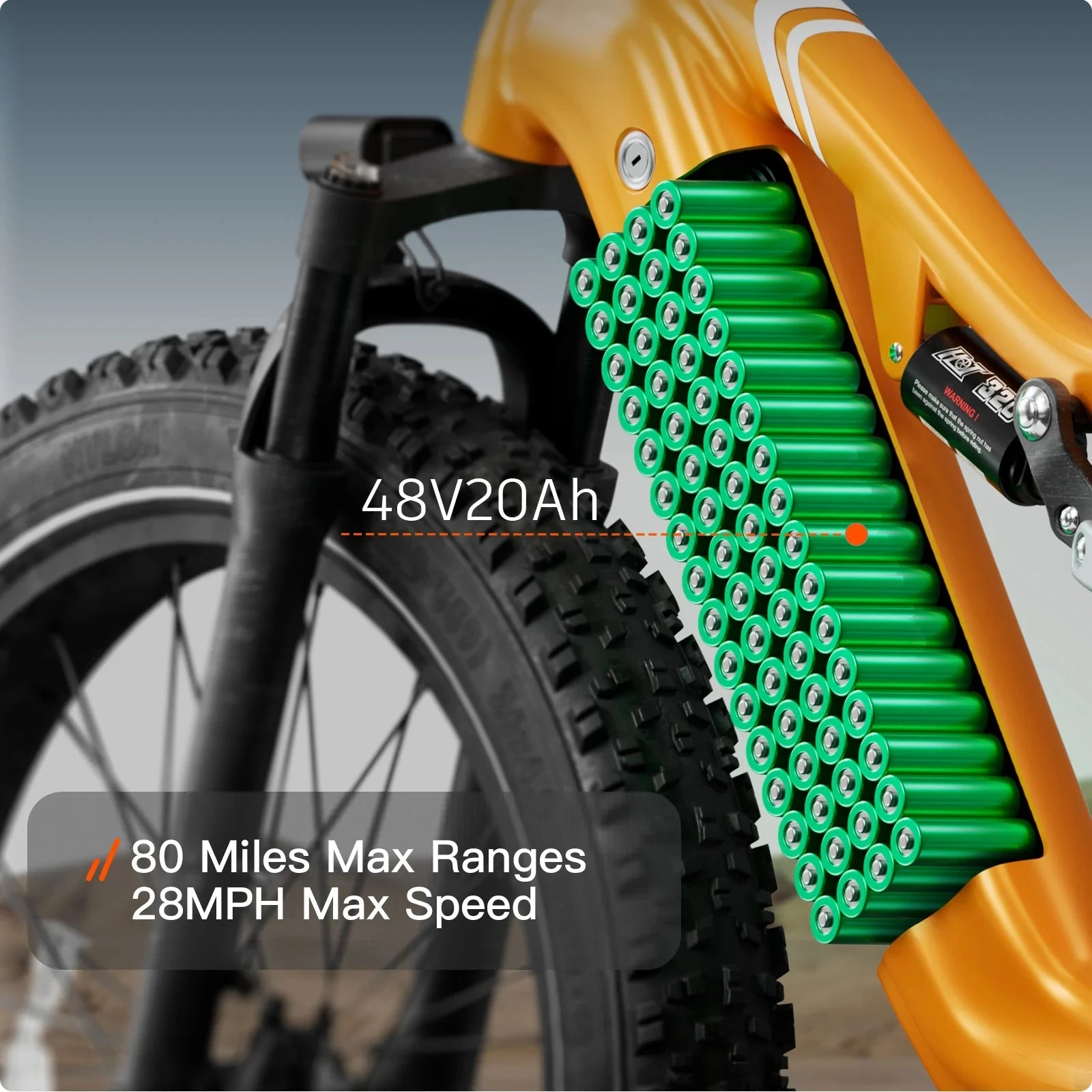 Close-up of an electric bike with battery pack and specifications displayed