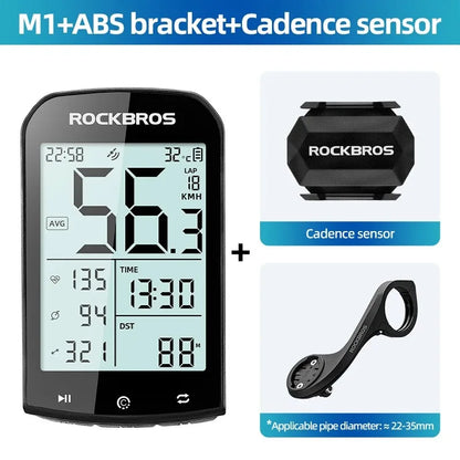 RockBros cycling computer with ABS bracket and cadence sensor on a white background