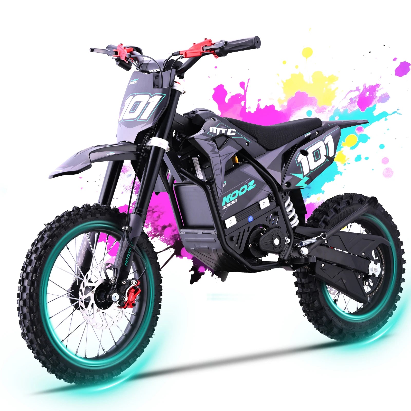 Children's electric dirt bike with colorful splashes on a white background