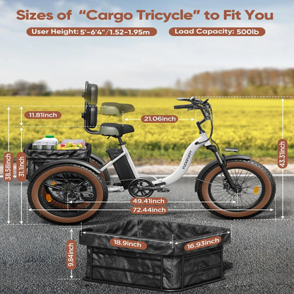 Measurement chart of a cargo tricycle with dimensions labeled against a blurred outdoor background.