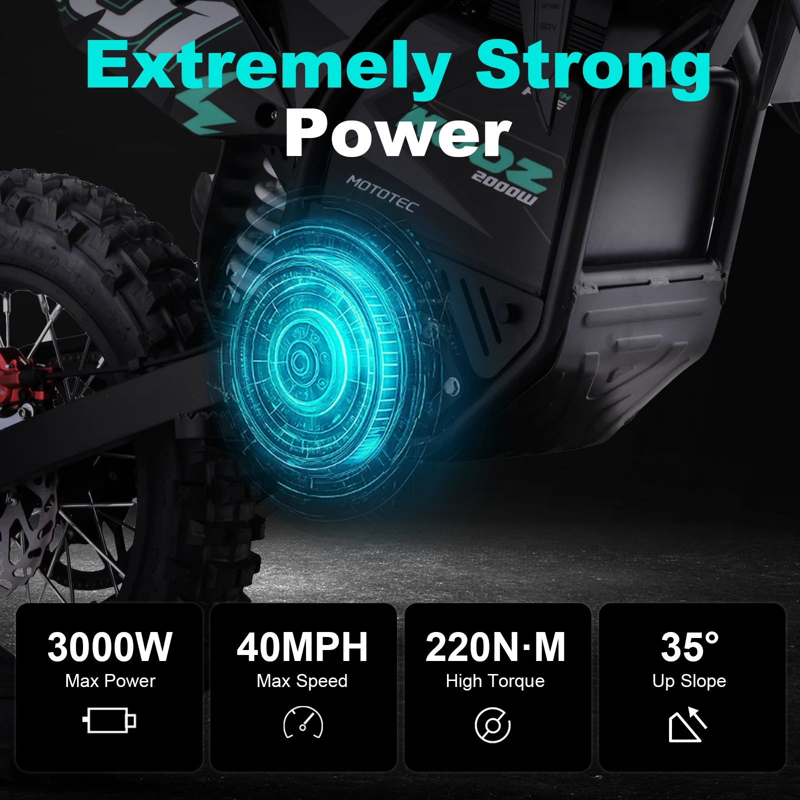 Motorcycle with glowing wheel and power specifications on a dark background