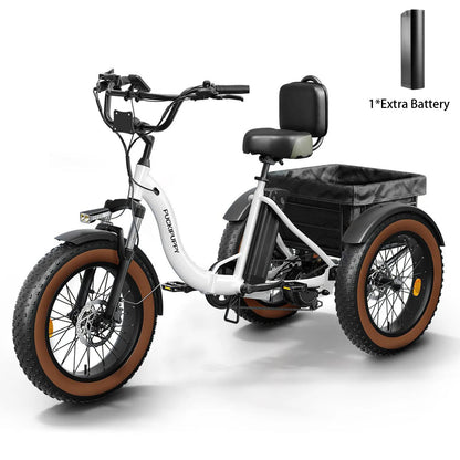 White electric tricycle with a black seat and brown wheels on a white background, featuring an extra battery on the side.