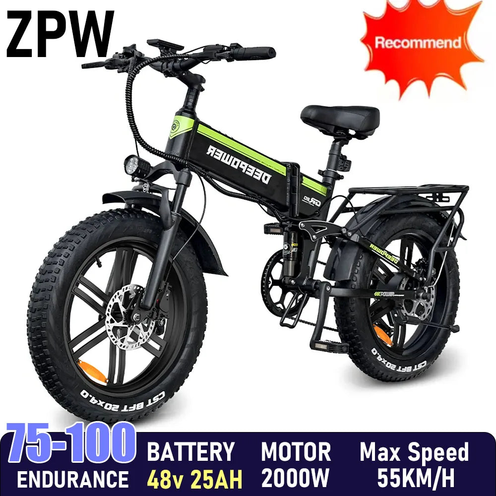 ZPW H20Pro EBike Adults Electric Bicycle 48V 25AH 2000W 20 inch Brushless Motor Fat Folding Mountain Snow Motorcycles