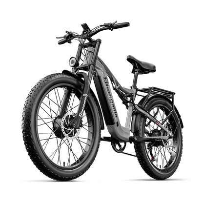 Electric bike with a black frame and tires on a white background