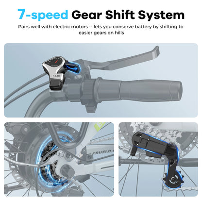 Bicycle gear shift system with 7-speed feature on a light blue background