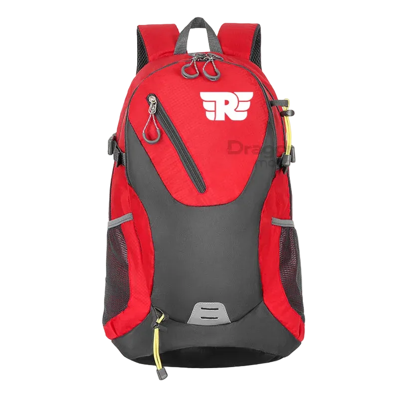 Red and grey backpack with a logo on a clear background