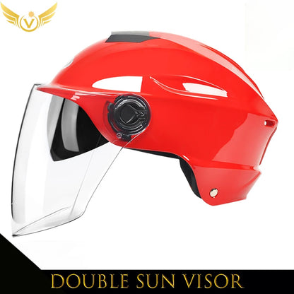 Red helmet with a double sun visor on a white background