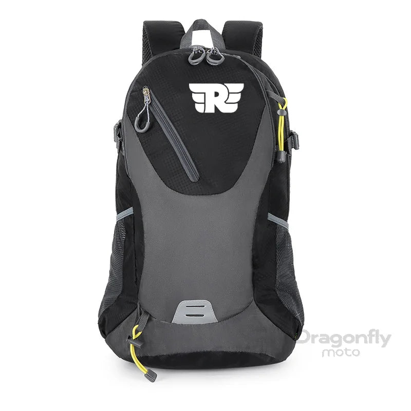 Black and gray backpack with a visible brand logo on a white background