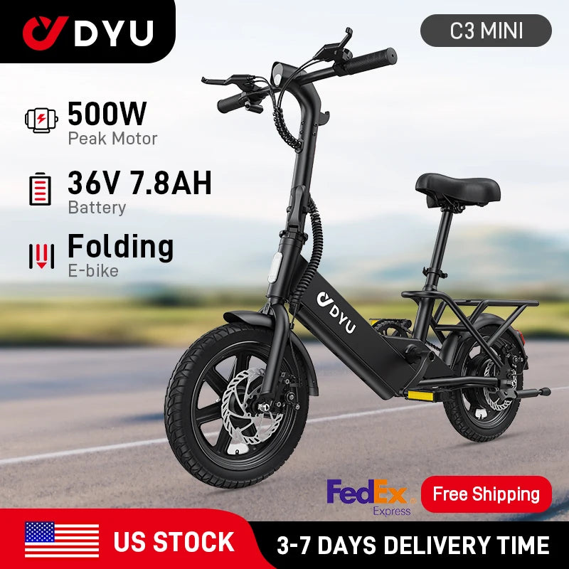 DYU C3 MINI electric bike with specifications on a blurred road background