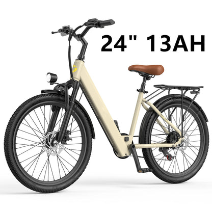 Beige electric bike with black frame and wheels on a white background, featuring '24" 13AH' text.