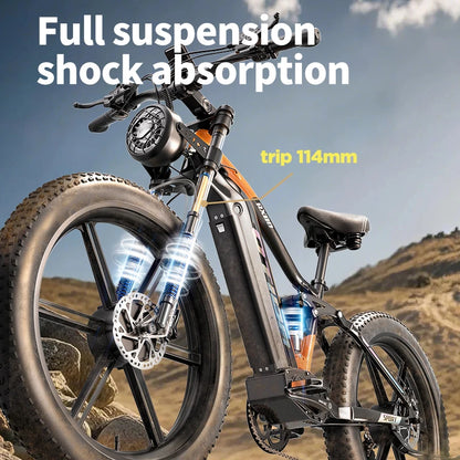Electric bike with suspension fork on a mountainous background