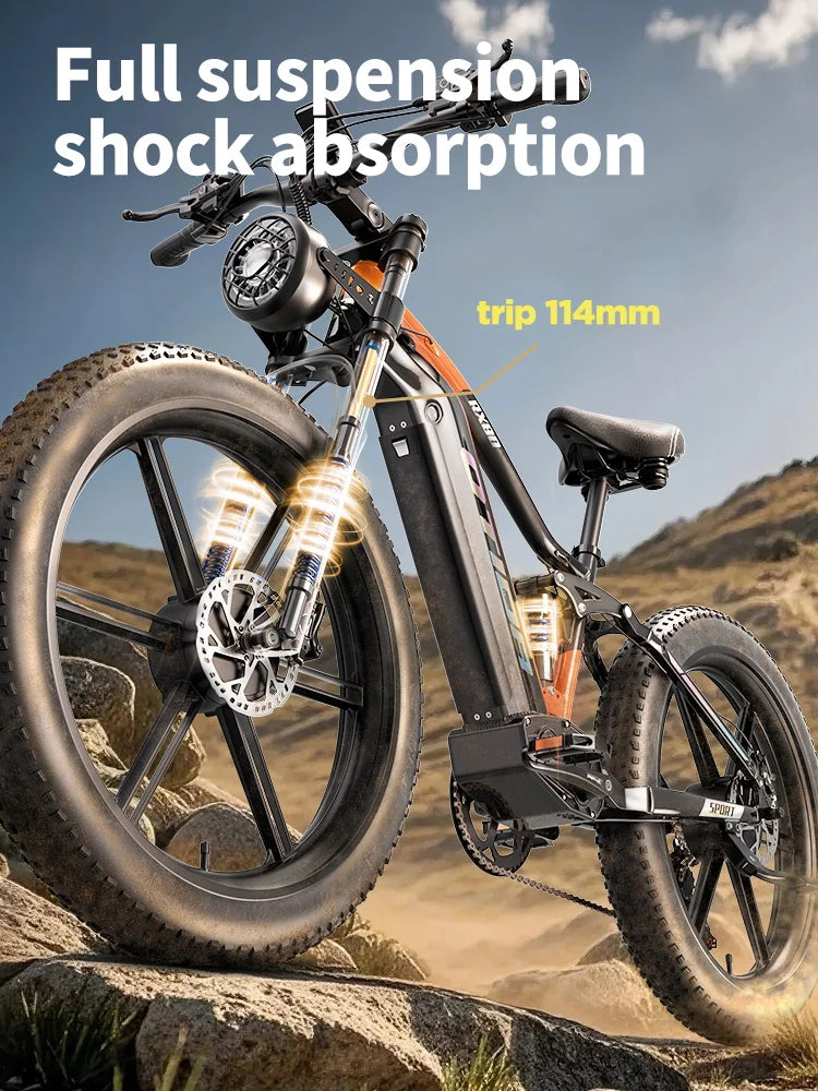 Electric bike with full suspension and shock absorption feature on a mountainous trail.