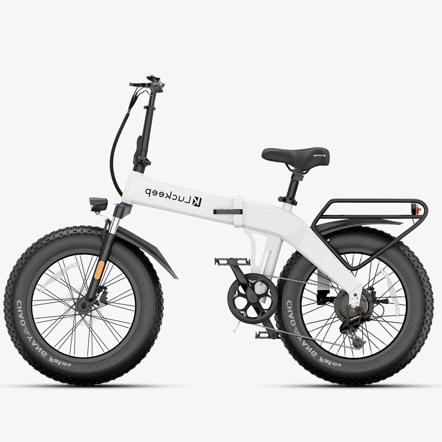 White electric bike with black tires on a white background