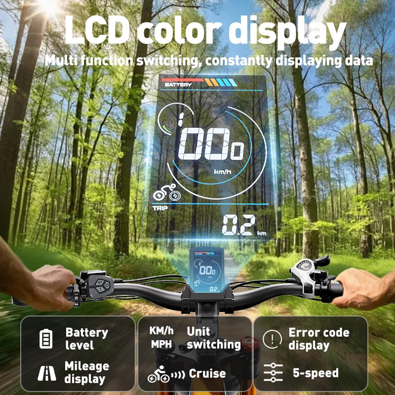 Bicycle handlebar with LCD color display in a forest setting