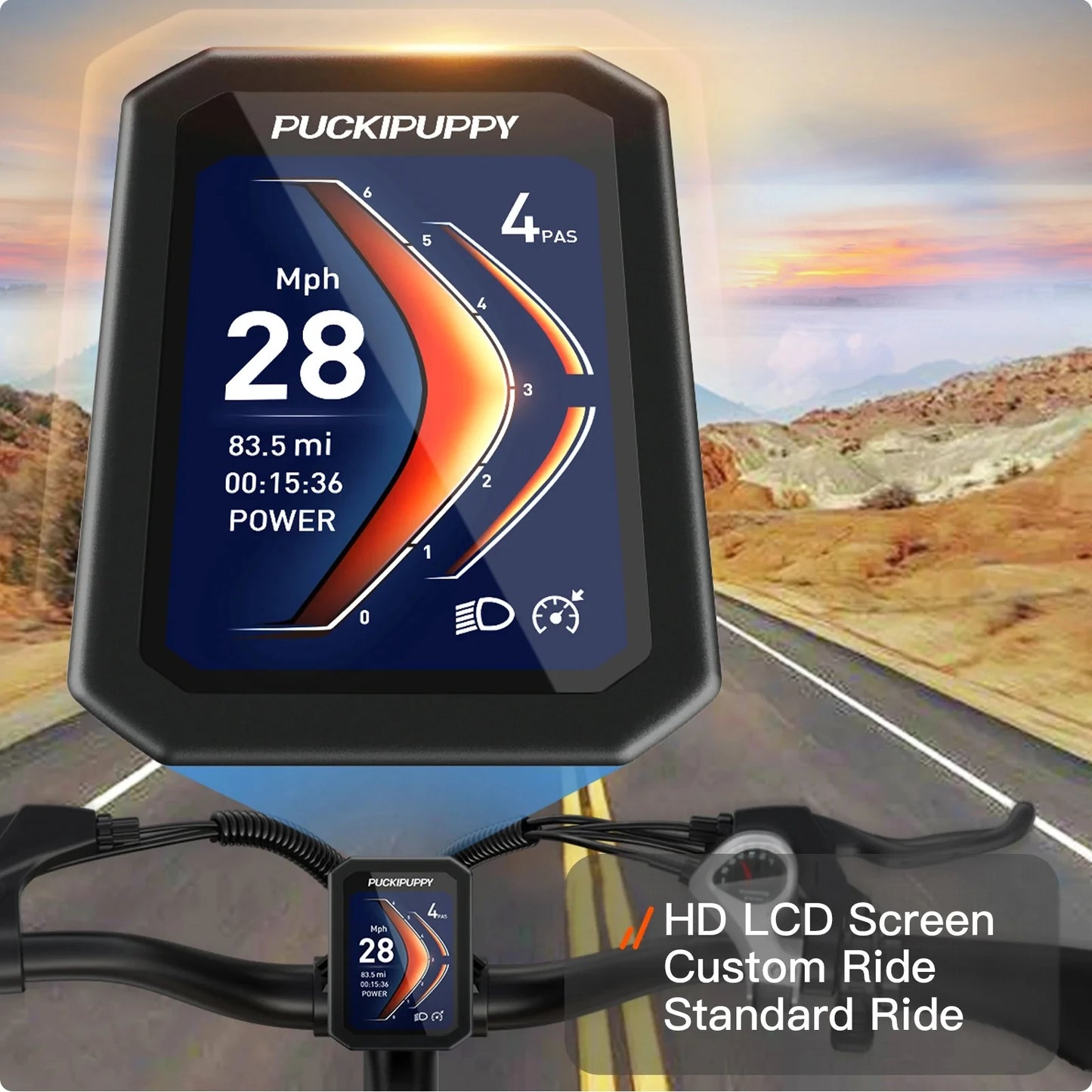 Motorcycle speedometer with Puckipuppy branding and HD LCD screen display.