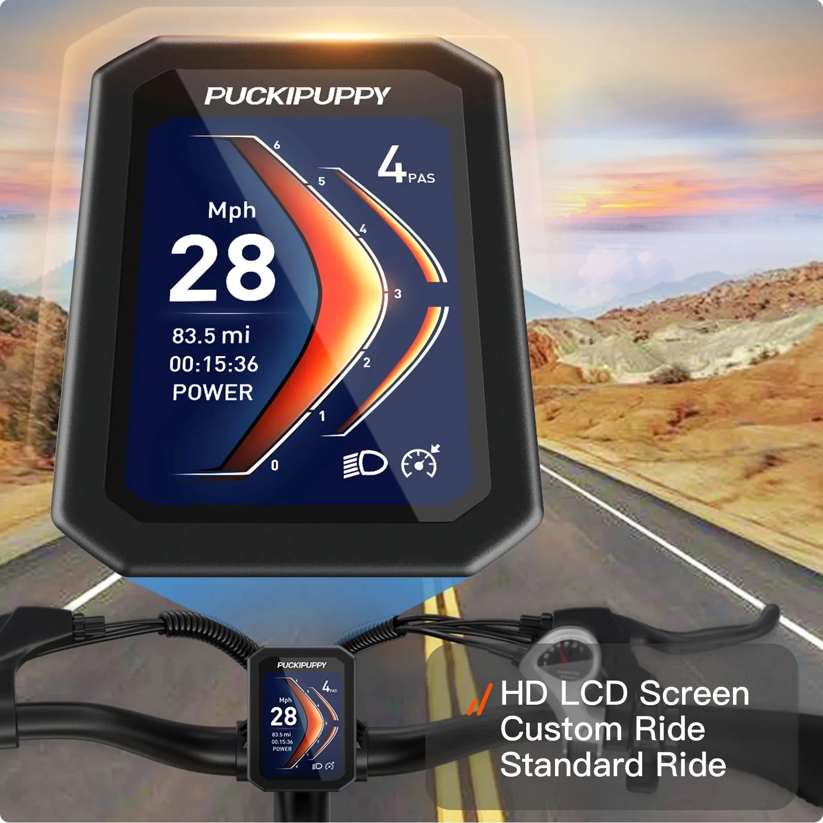 Motorcycle speedometer with Puckipuppy branding and HD LCD screen display.