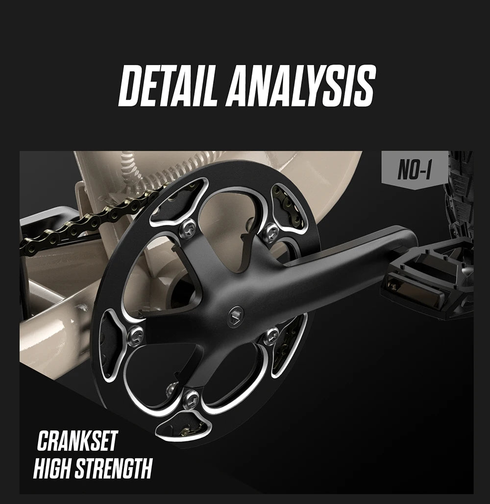 High-strength crankset with chain on a black background, featuring the text 'Detail Analysis' and 'Crankset High Strength'.