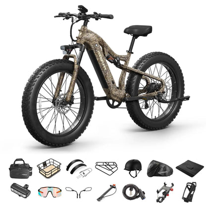 Camouflage electric bike with accessories on a white background