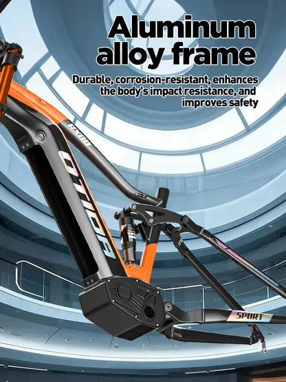 Bicycle frame with text highlighting aluminum alloy frame benefits against a futuristic background