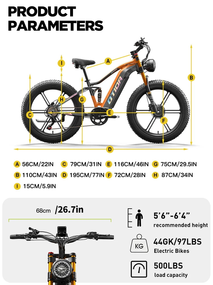 E-bike with dimensions and specifications labeled on a white background
