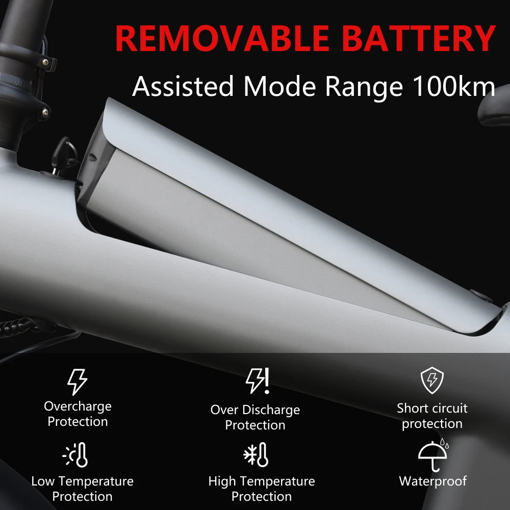 Removable battery pack on a bike with features highlighted on a black background