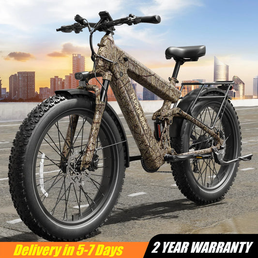 Camouflage electric bike on a city street with a sunset background