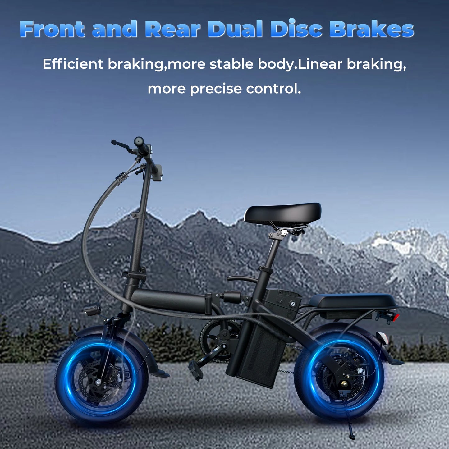 Electric scooter with blue wheels on a mountainous background, featuring text about brakes.