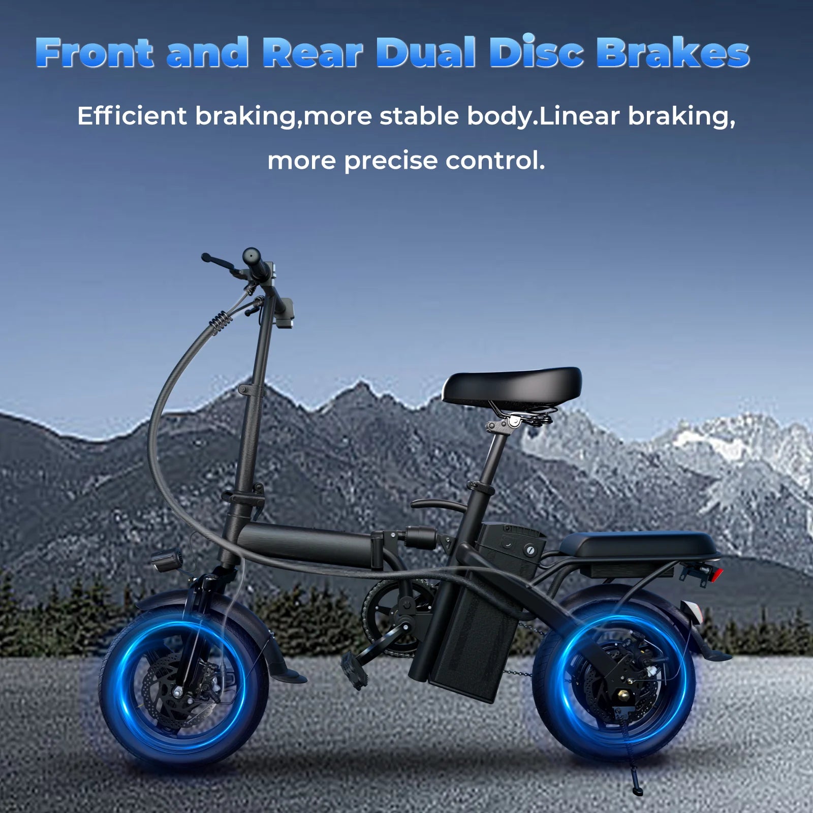 Electric scooter with blue wheels on a mountainous background, featuring text about brakes.