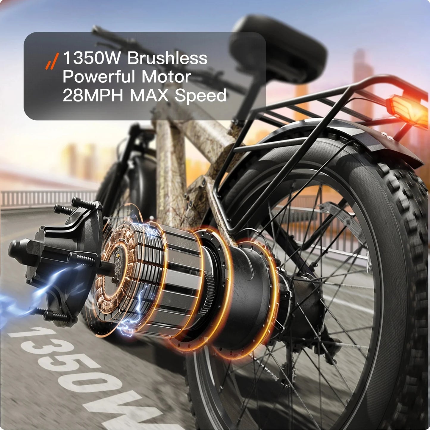 Electric bike with a close-up of the brushless motor, showing specifications on a blurred road background.
