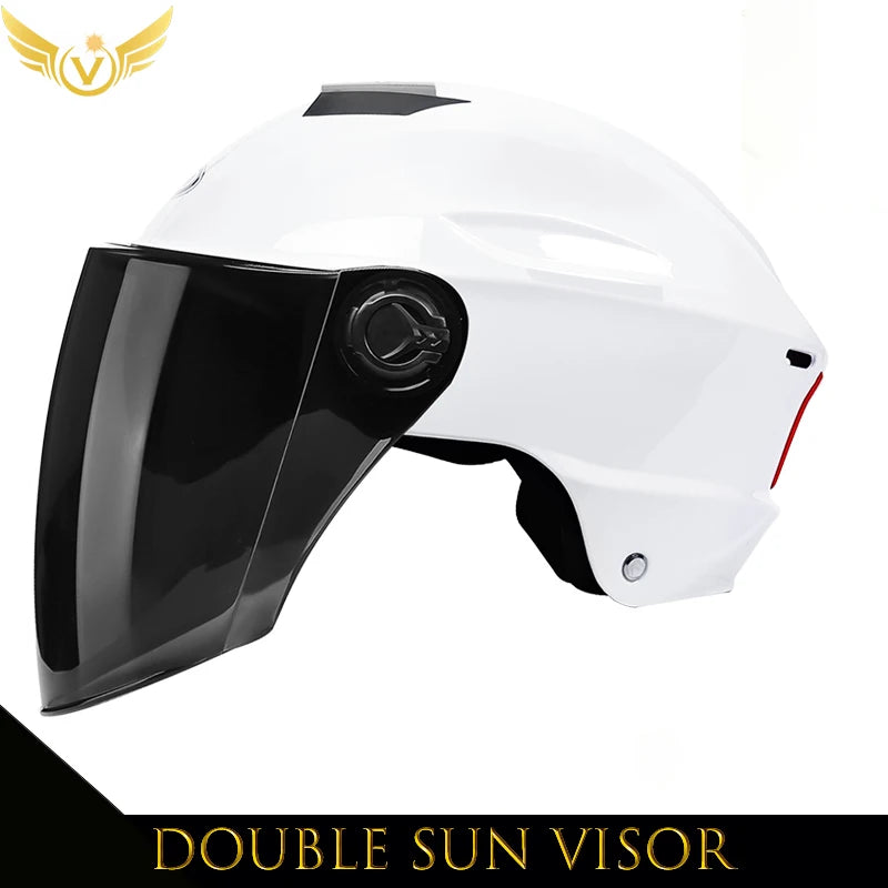 White helmet with black visor on a white background